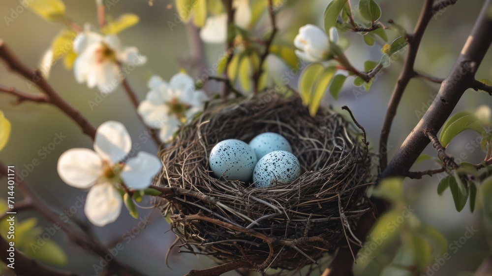 a bird nest with three eggs sitting on a branch of a tree with white flowers in the foreground and a blurry background of the branches with white flowers in the foreground. a bird nest with three eggs sitting on a branch of a tree with white flowers in the foreground and a blurry background of the branches with white flowers in the foreground.