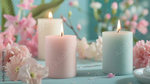  a group of three lit candles sitting on top of a table next to pink flowers and a vase with pink and white flowers in the middle of the candles are lit.