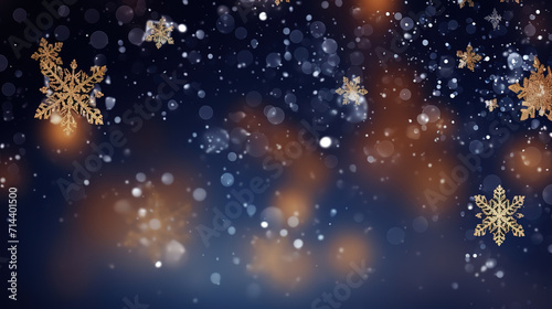 Blue and gold christmas background with bokeh lights and stars