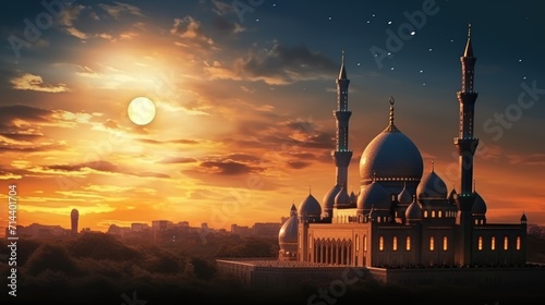 Moon and mosque in the sky at sunset. Generate AI image