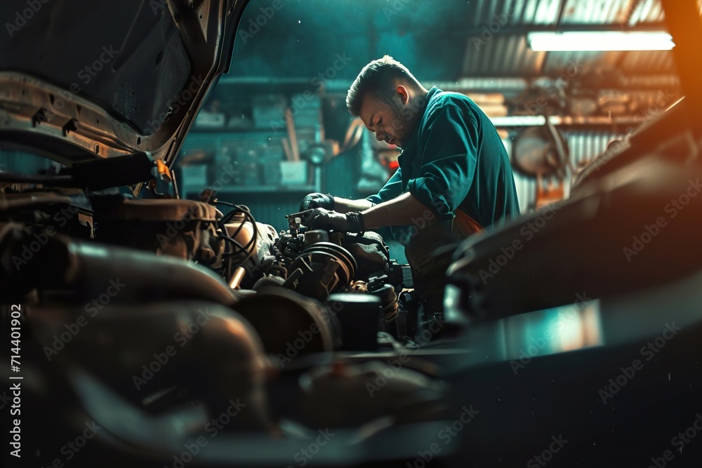 car mechanic working in the garage - obrazy, fototapety, plakaty 