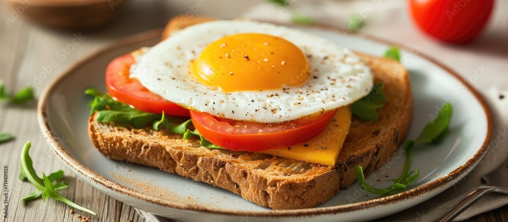 Prepared breakfast sandwich with butter, egg, and tomato on plate. Prepared breakfast sandwich with butter, egg, and tomato on plate.