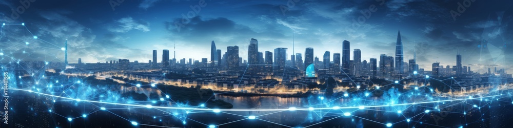 Cybernetic metropolis at twilight,  with flying drones,  energy-efficient buildings,  and a web of interconnected data streams