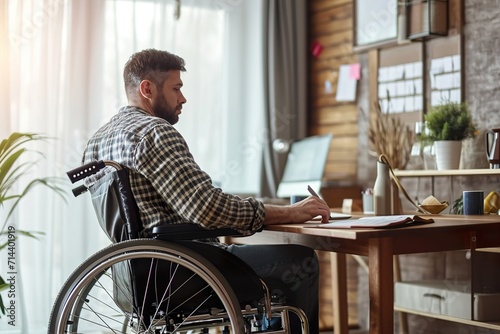 male in wheelchair working at writing desk