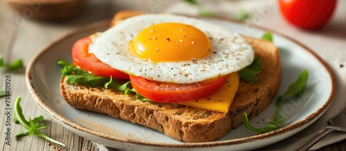 Prepared breakfast sandwich with butter, egg, and tomato on plate.