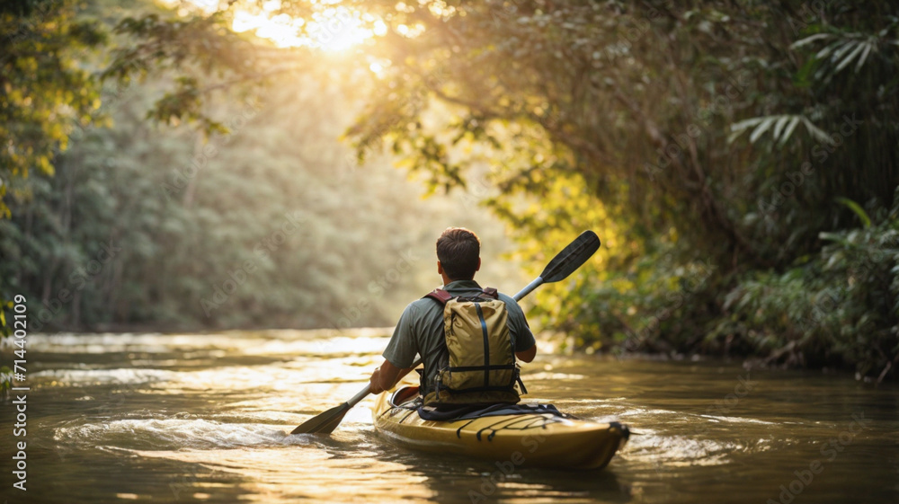 Unrecognizable young man from behind and carefree in kayak enjoying nature in a river in the jungle at sunset near a waterfall, with sunrise. Beauty girl outdoors. Concept of freedom and adventure Unrecognizable young man from behind and carefree in kayak enjoying nature in a river in the jungle at sunset near a waterfall, with sunrise. Beauty girl outdoors. Concept of freedom and adventure