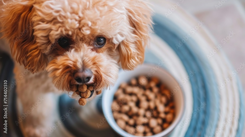  a close up of a dog with a bowl of food in it's mouth and a plate with a bowl of food in it's front of it.