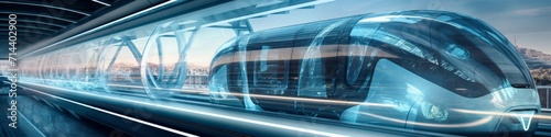 Futuristic transportation nexus panorama, featuring magnetic levitation trains, transparent tunnels, and sustainable energy systems