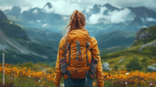  a woman with a backpack is standing in a field of wildflowers in front of a mountain range with snow - capped peaks in the distance in the distance.