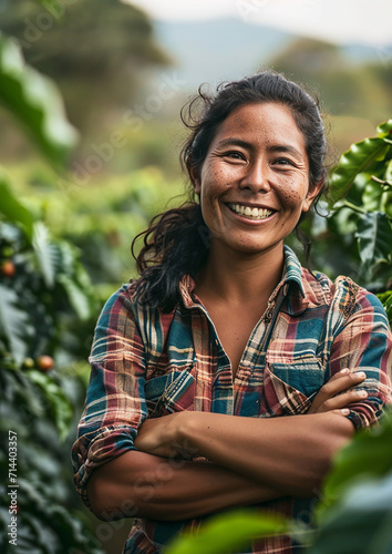 Coffee Woman Farmer standing in the coffee plantation, arms crossed, clad in a checked shirt