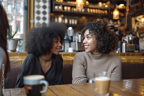 Two female friends talking at a coffee shop