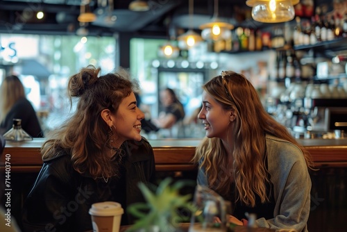 Two female friends talking at a coffee shop