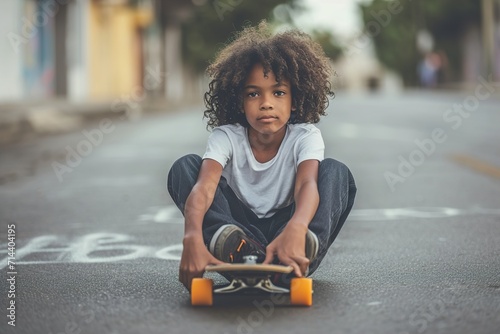Afro Latin boy sitting on a longboard photo
