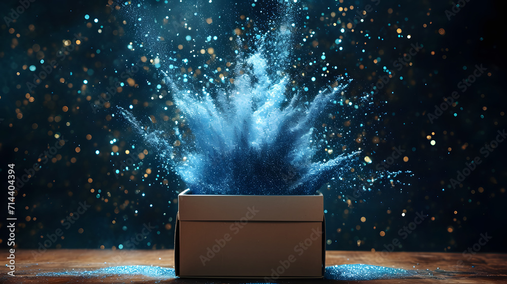 A blue glitter explosion from a box, gender reveal celebration, boy ...