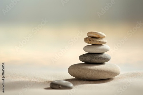 Zen-inspired stones balanced on sand background representing the art of harmony. Generative AI