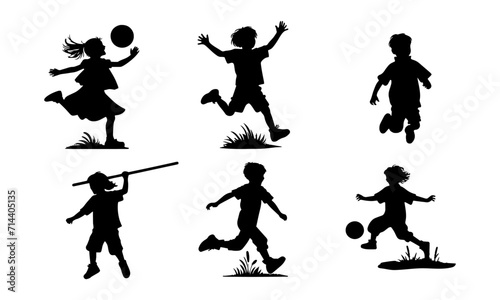 kids playing silhouettes or vectors set , black and white children playing illustraion , kids set