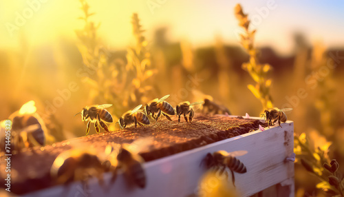 Close-up of bees and honeycombs in sunset light ,spring concept © terra.incognita