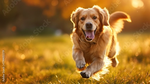  a close up of a dog running in a field of grass with the sun shining down on it's face and it's mouth open and tongue out. photo