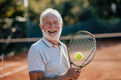 Happy caucasian senior with tennis racket at tennis court on sunny day © senyumanmu