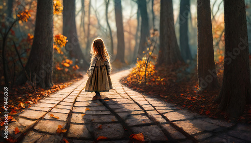 Generated image of a small girl walking a stone path alone through colorful autumn woods in the late afternoon