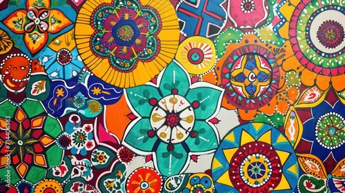  a close up of a painting of many different colors and shapes of flowers on a white background with a red, yellow, blue, green, red, and orange color scheme.