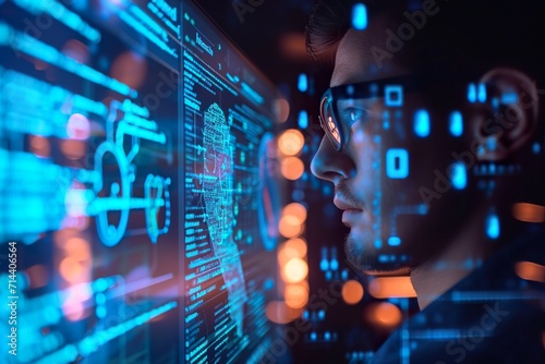 man programmer code on computer screen with cybersecurity hologram