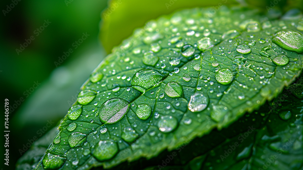 A Macro View of Dew Drops on a Vibrant Green Leaf A Macro View of Dew Drops on a Vibrant Green Leaf