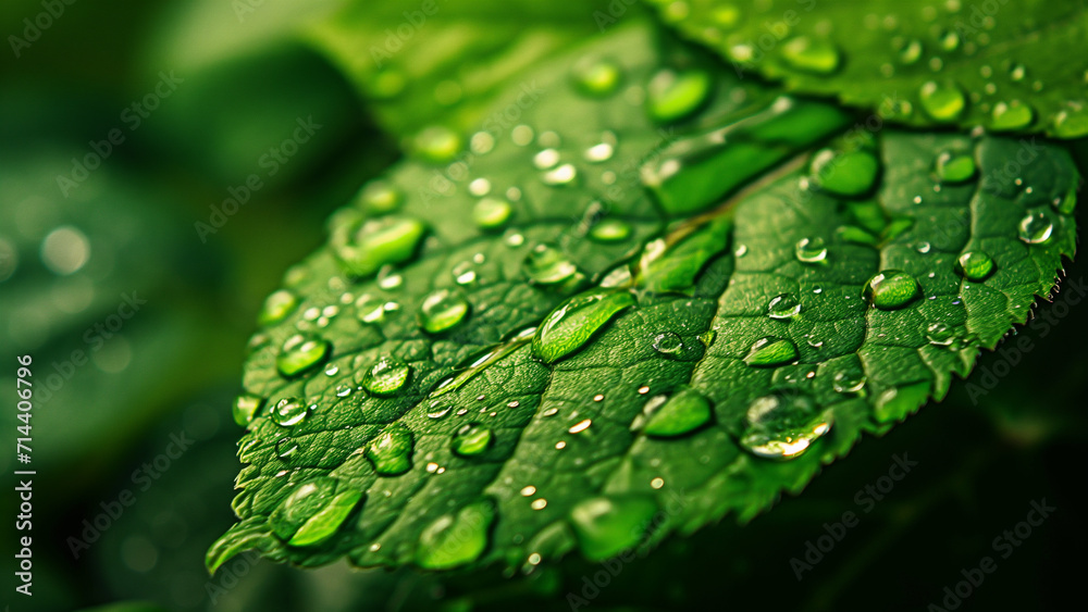 A Macro View of Dew Drops on a Vibrant Green Leaf A Macro View of Dew Drops on a Vibrant Green Leaf