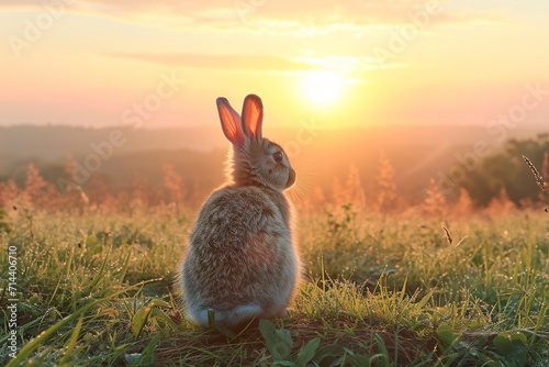 Rabbit watching sunrise on dewy meadow. 
