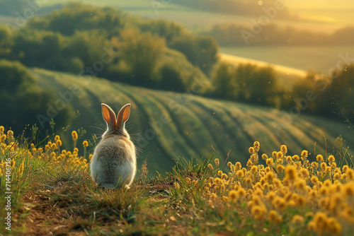 Rabbit gazing over blossoming field at sunrise.  photo