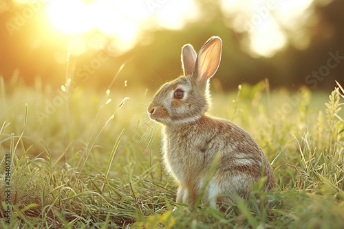 Wild rabbit in sunlit garden. 