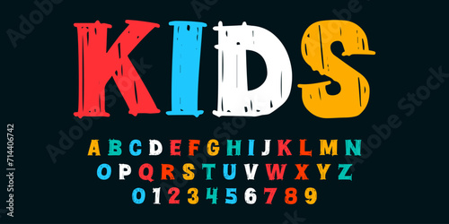 Modern playful alphabet letter and number set. Bright, vivid multicolor funky font or typography. Vector bold font for poster, flyer, book cover, greeting card, product packaging, graphic print, etc.