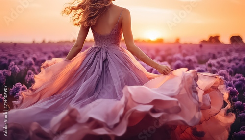 Woman in a long purple dress in a field at sunset ,spring concept photo