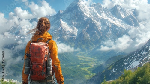  a person standing on top of a mountain looking at a valley and a mountain covered in clouds and a snow capped mountain in the distance, with a backpack in the foreground.