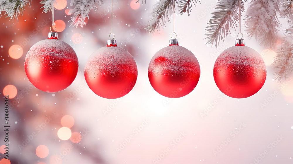 Fototapeta premium Red ball, symbol of christmas and new year, Bright red balls hanging on fir branches, winter natural