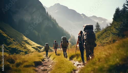 Group of hikers hiking in the mountains ,spring concept