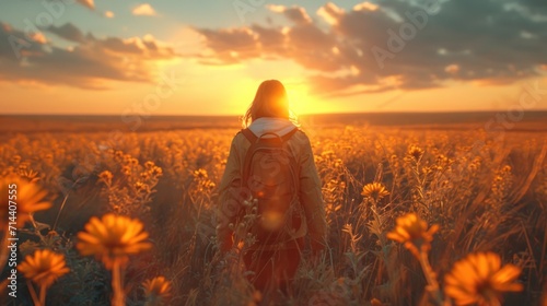  a person standing in a field of sunflowers with the sun setting in the background and a sky filled with clouds and sunbeams in the foreground. #714407555