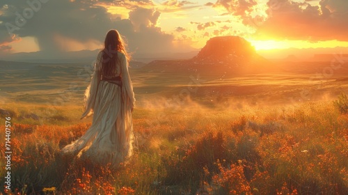 a woman in a long white dress is standing in a field with wildflowers in the foreground and a mountain in the distance with clouds in the background. photo