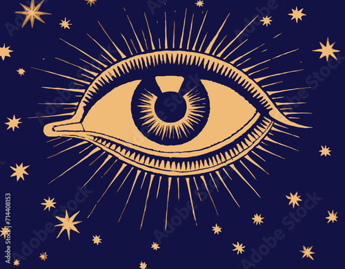 An eye surrounded by stars illustration. Mind's eye illustration.