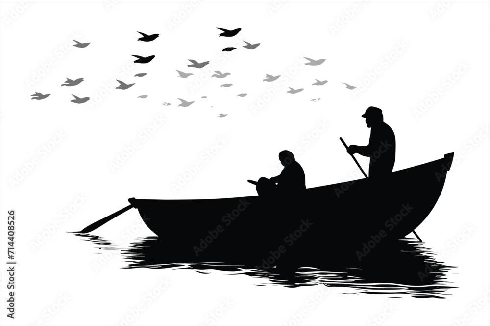 River fishing boat and fisherman, in a boat silhouette fisherman boat icon logo River fishing boat and fisherman, in a boat silhouette fisherman boat icon logo