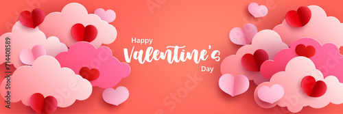 Happy Valentine's Day. 3D papercut valentine's minimalist with clouds and hearts for design backgrounds. Vector Illustration.