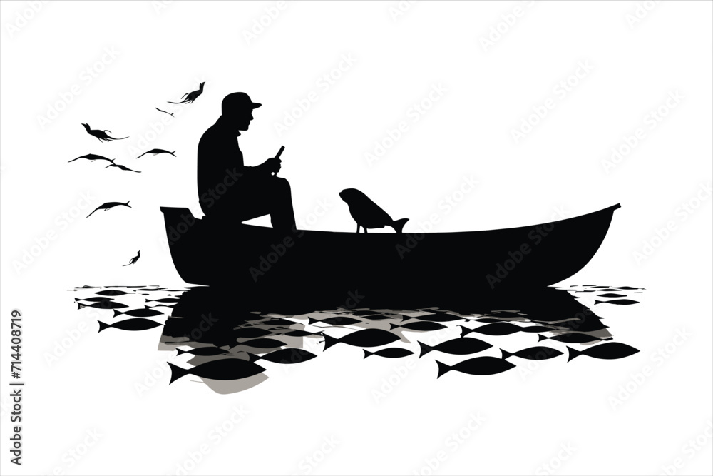 River fishing boat and fisherman, in a boat silhouette fisherman boat icon logo