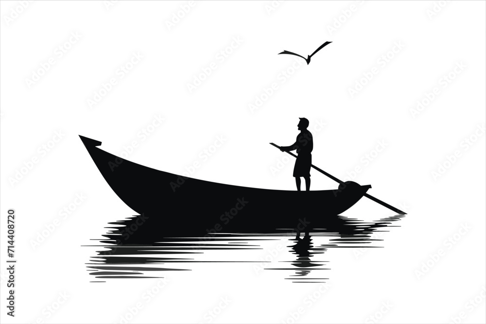 Naklejka premium River fishing boat and fisherman, in a boat silhouette fisherman boat icon logo