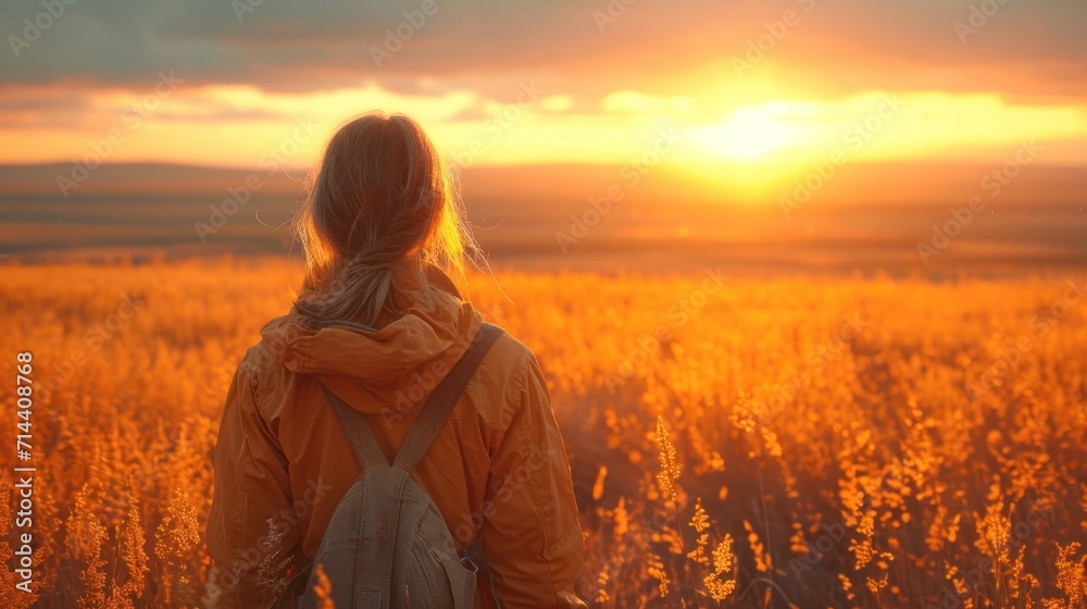  a woman standing in a field of tall grass at sunset with the sun setting behind her and the clouds in the sky and the grass in the foreground is yellow and the foreground.
