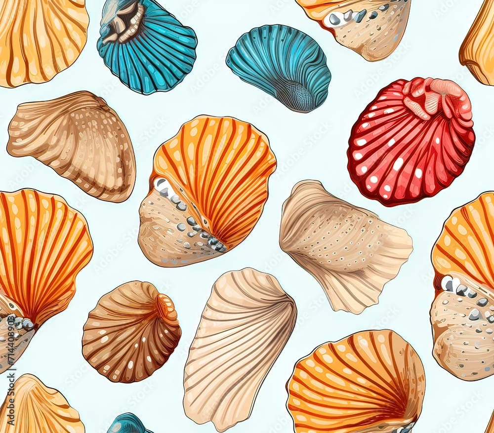 Seashells, Fabric Pattern, Seamless Pattern. Seashells, Fabric Pattern, Seamless Pattern.