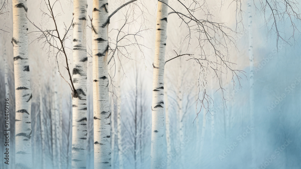  a painting of a group of birch trees in a foggy, blue, and foggy forest with a bird perched on the branch of one of the tree.