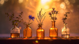  a group of vases with flowers in them sitting on a table with sunlight coming through the window behind them and a blurry background of the vases with flowers in the foreground.