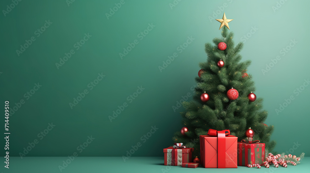 Christmas border with xmas tree and red gift on green background, Merry christmas card