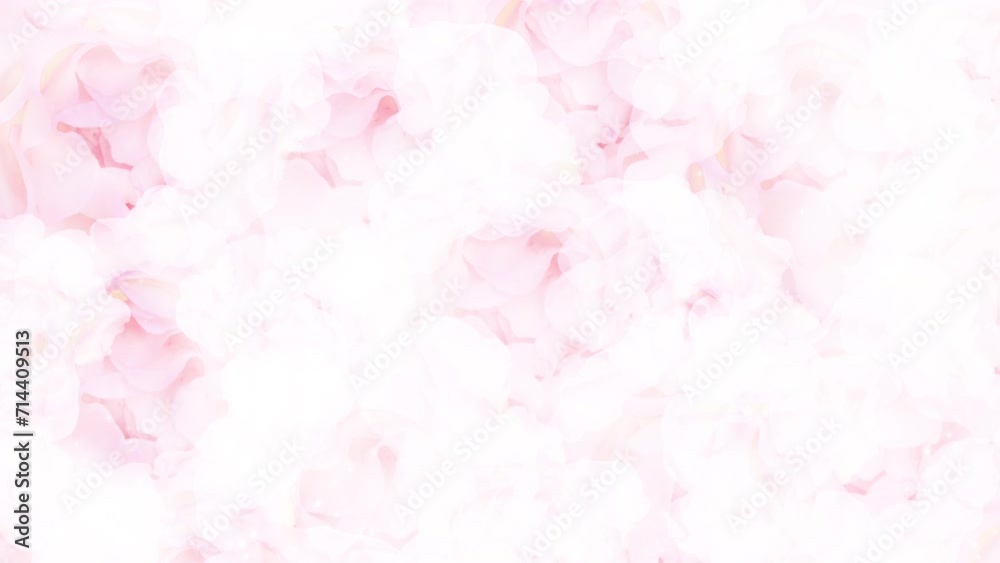 Wedding background. Luxury waving pink rose flower moving soft white elegant glowing light with bokeh dust particles motion video animated background.