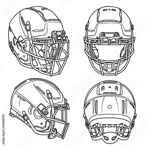 Technical sketch drawing of one single line drawing American football helmet  line art. Attributes of football vector illustration, front, side, and rear view isolated with white background. photo